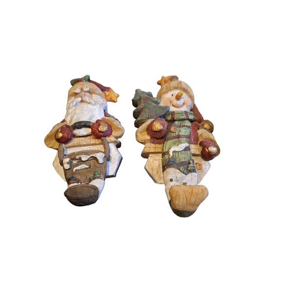 #1 Vintage “Wood Grain” Resin Santa and Snowman Stocking Hangers - Set of (2) - Picture 2 of 5